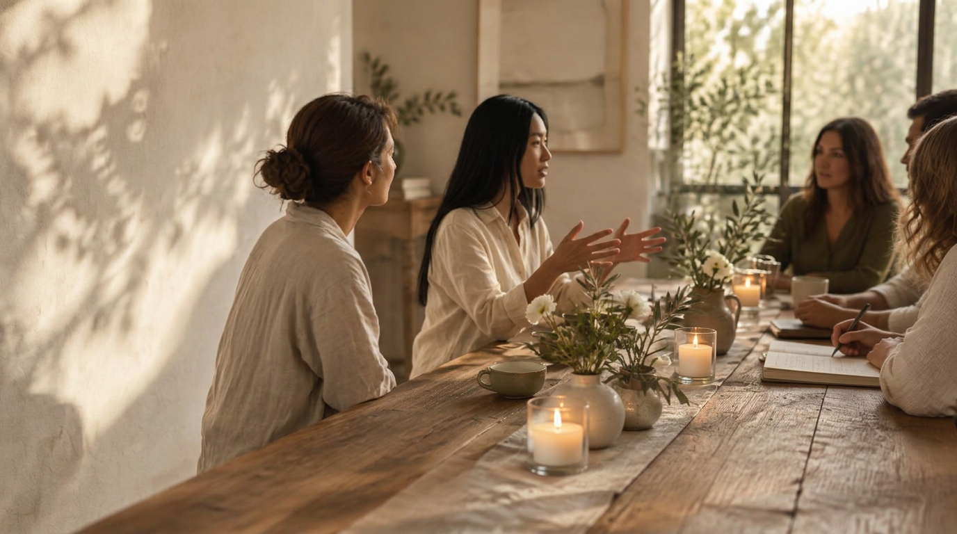 Un grupo conversa alrededor de una mesa de madera con velas, flores y cuadernos, en una sala luminosa