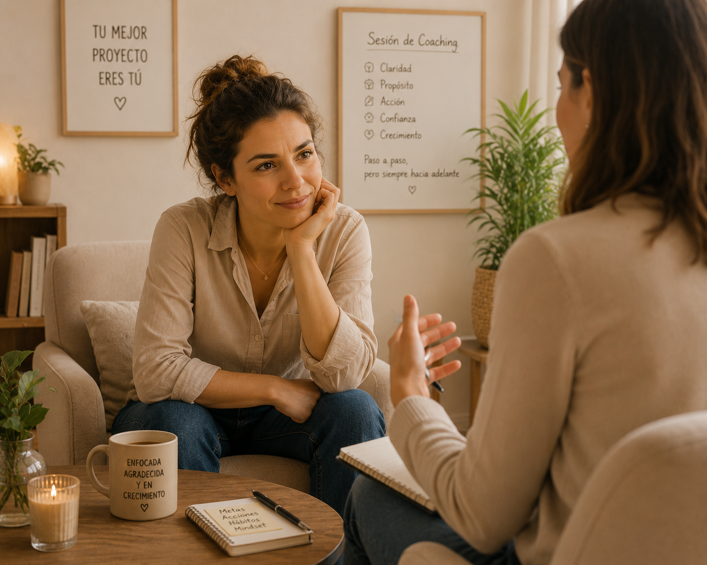 Sesión de coaching existencial entre dos mujeres en un espacio cálido